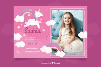 Unicorn birthday invitation template with photo Free Vector