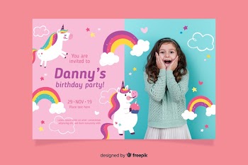 Unicorn childrens birthday invitation template with photo Free Vector