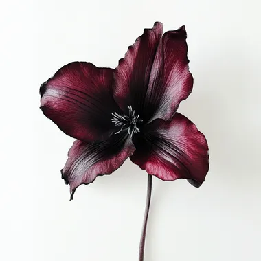 Unique long dark purple flower in a bright white background setting