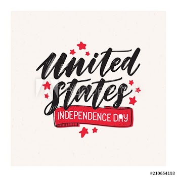 United States of America Independence Day lettering written with cursive calligraphic font and decorated with ribbon