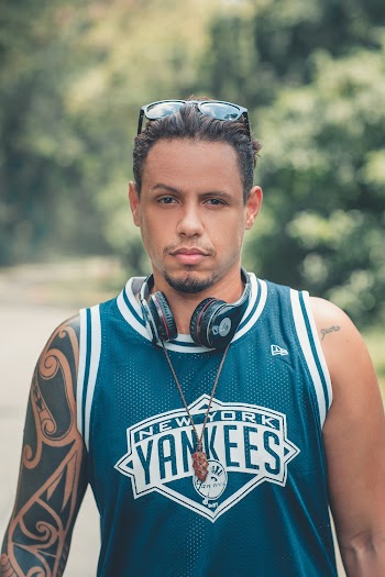 Unknown Celebrity in Blue and White New York Yankees Tank Top