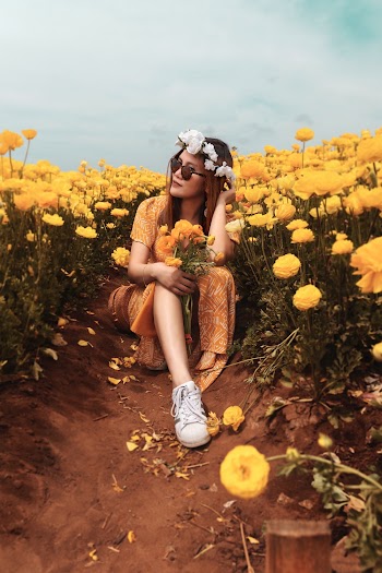 Unknown Celebrity Sitting Beside Yellow Flower Fields