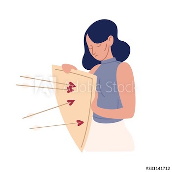 Upset cartoon woman with mental disorders hold shield with arrows isolated on white