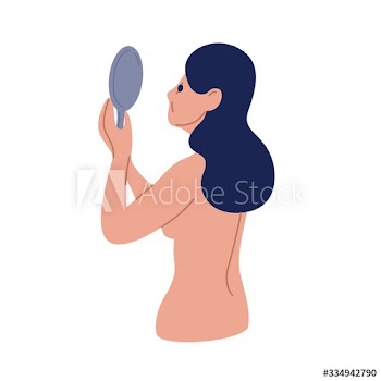 Upset naked woman looking at mirror dissatisfaction their appearance vector flat illustration
