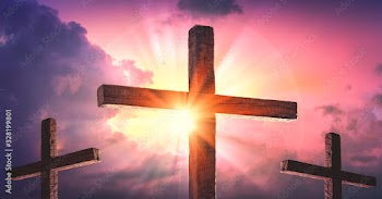 Upward View Of Three Wooden Crosses With Sunrise And Clouds Background - Death And Resurrection Of Jesus Christ	