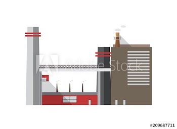 Urban industrial building with pipes emitting gas isolated on white background