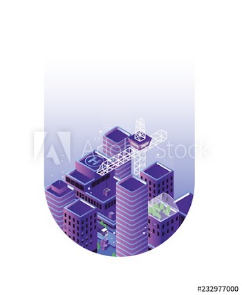 Urban landscape or cityscape with buildings or skyscrapers and crane inside drop or blob