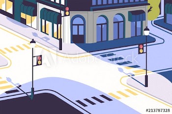 Urban landscape with empty street corner, elegant buildings, crossroad with traffic signals and pedestrian crossings or crosswalks