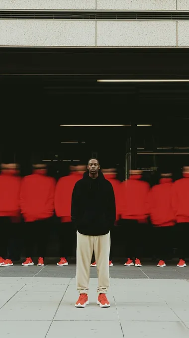 Urban male model in front of red wall, capturing stillness amidst chaos