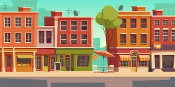 Urban street illustration with small shop and restaurant Free Vector