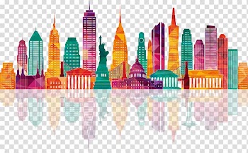 US cityscape art, New York City New England Meridian Great Plains Hotel, Colorful city building silhouettes transparent background PNG clipart