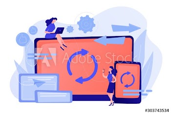 User with laptop and smartphone synchronizing