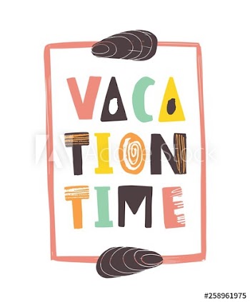 Vacation Time lettering written with calligraphic font and decorated by seashells