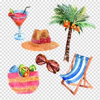 Vacations items illustration, Watercolor painting Travel Illustration, Summer travel theme watercolor transparent background PNG clipart