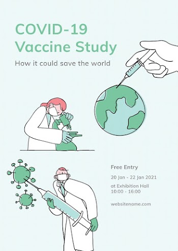 Vaccine study poster editable template psd for covid 19 doodle illustration