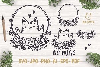 Valentine Cat svg , Kitten with floral decor Svg, Valentine'
