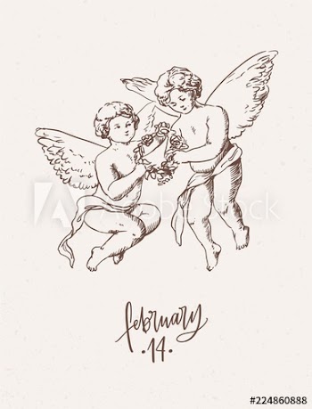 Valentine's day greeting card, postcard or party invitation template with pair of amours carrying floral wreath hand drawn with contour lines on light background
