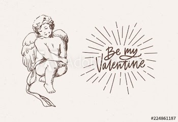 Valentine's day postcard or greeting card template with adorable shy angel with wings hand drawn with contour lines on light background
