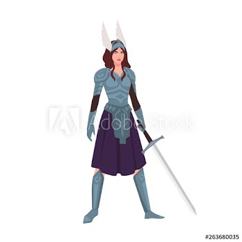 Valkyrie or mythological female warrior holding sword isolated on white background