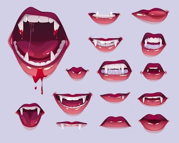 Vampire mouth with fangs set, female red lips Free Vector