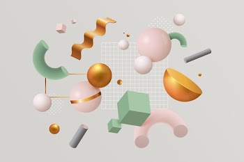 Variety of colourful geometric shapes and cluster of tiny squares Free Vector