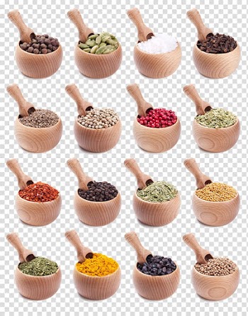 Variety of condiments, Spice Condiment Herb Seasoning Black pepper, Wooden bowl of seasoning spices transparent background PNG clipart