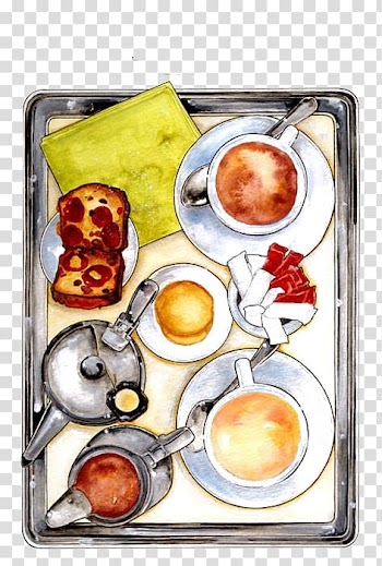 Variety of food on tray illustration, Angel food cake Drawing Watercolor painting Illustration, Cartoon tea transparent background PNG clipart