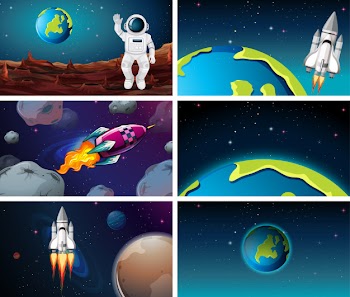 Various space scenes with earth Free Vector