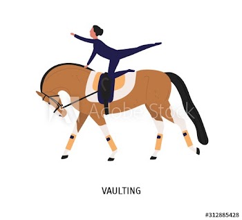 Vaulting, horse riding tricks flat vector illustration