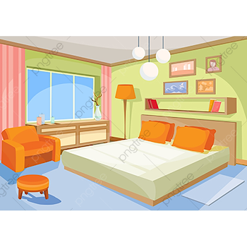 Vector Cartoon Illustration Interior Orange-blue Bedroom, A Livi ...