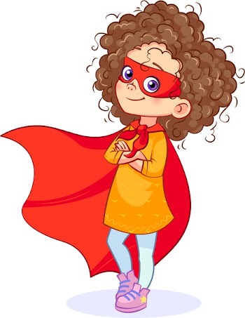 Vector comic complacent Super girl posing, arms crossed. Funny cartoon separate little girl in Super hero costume with a mask on her face and developing in the wind red cloak, full-length.