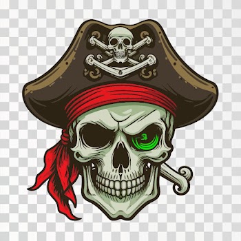 Vector design of a pirate skull with a green glowing eye isolated on a white background