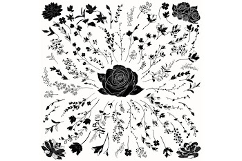 Vector Florals Black Shapes. Hand Drawn Herbs, Plants, Lotus