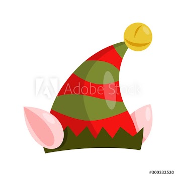 Vector holiday icon of red and green elf hat with golden bells