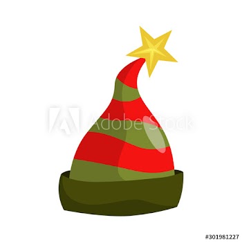 Vector holiday icon of red and green elf hat with golden star