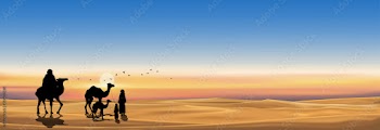 Vector illustration Arab family with camel walking in desert sands with sunset in evening,Panoramic Landscape Scenery of sun over mountains during twilight in orange color above desert and sand dunes.