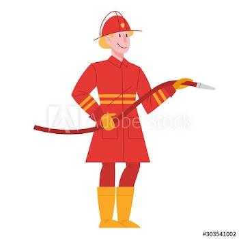 Vector illustration in cartoon flat style of brave fireman fighting with flame