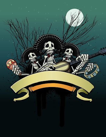Vector illustration of 2 skeletons celebrating the Day of the Dead over two banners while playing the guitar, tambourine and maraca.
