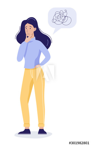 Vector illustration of a young woman with bewildered thoughts in her mind