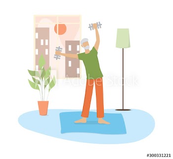 Vector illustration of an old man doing fitness activity with dumbbells