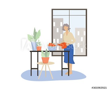 Vector illustration of an old woman watering her home garden