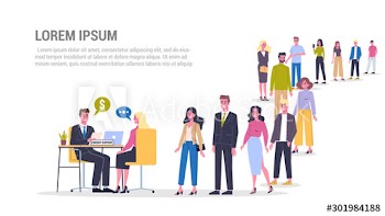 Vector illustration of big queue of people standing towards a credit expert