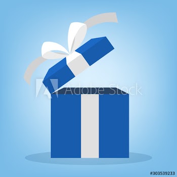 Vector illustration of blue gift box with white ribbon