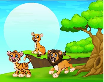 Vector illustration of Cartoon tiger and lions playing near the cliff