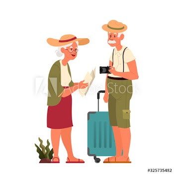 Vector illustration of elderly tourist with luggage and handbag