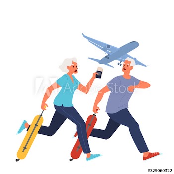 Vector illustration of elderly tourist with luggage and handbag