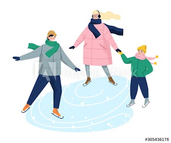 Vector illustration of family ice skating in warm winter clothes