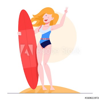 Vector illustration of female surfer on the beach