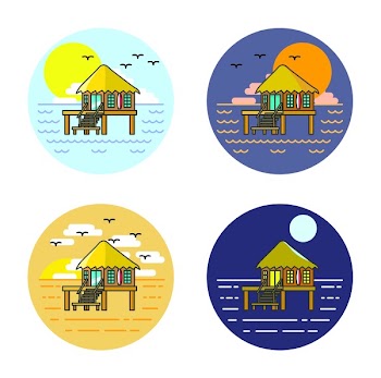 Vector illustration of flat thick line design. Set of Summer bungalow with sea view, birds and sun. Easy summer style for a logo, postcard, banner or web. Rest and weekend at the beach hut. Vector.