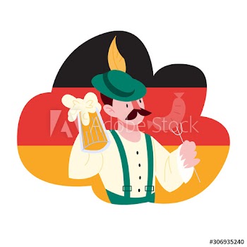 Vector illustration of German man holding a glass of beer and sausage